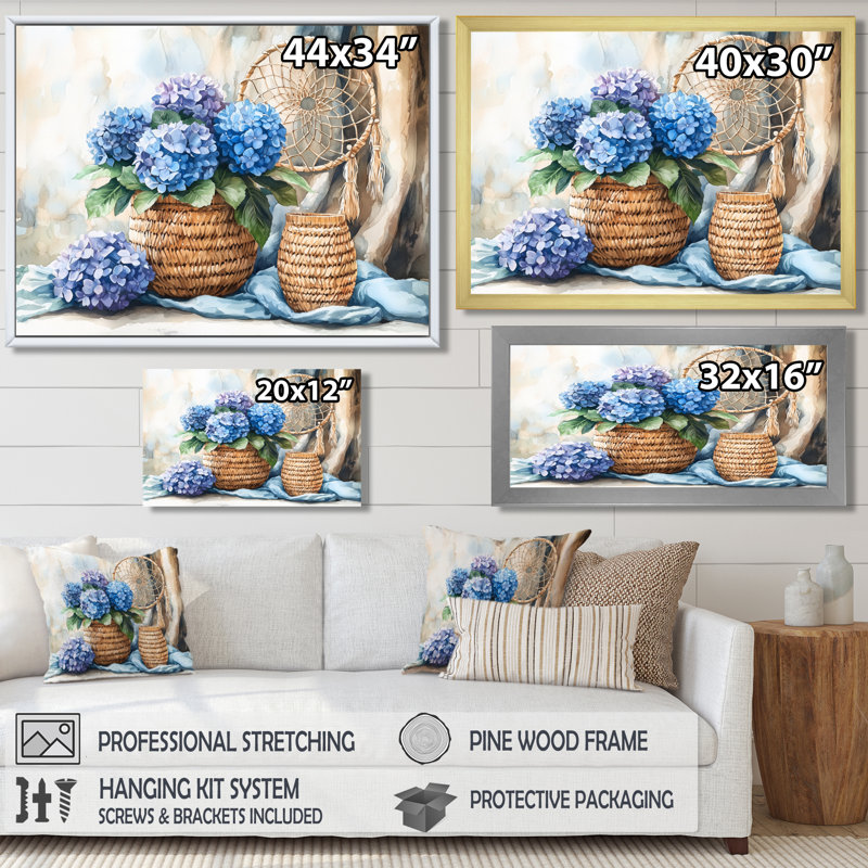 «Boho Blue Hydrangea Bliss I», art mural grand hortensia, Impression d'un seul cadre photo, H 16 po x l 32 po, Blanc