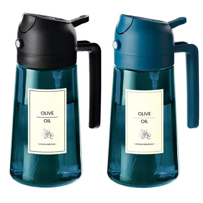16oz/470ml Blue Glass Olive Oil Sprayer for Cooking - 2 in 1 Olive Oil Dispenser for Kitchen Gadgets, Air Fryer, Salad, and BBQ (1 Pack, Black & Navy)