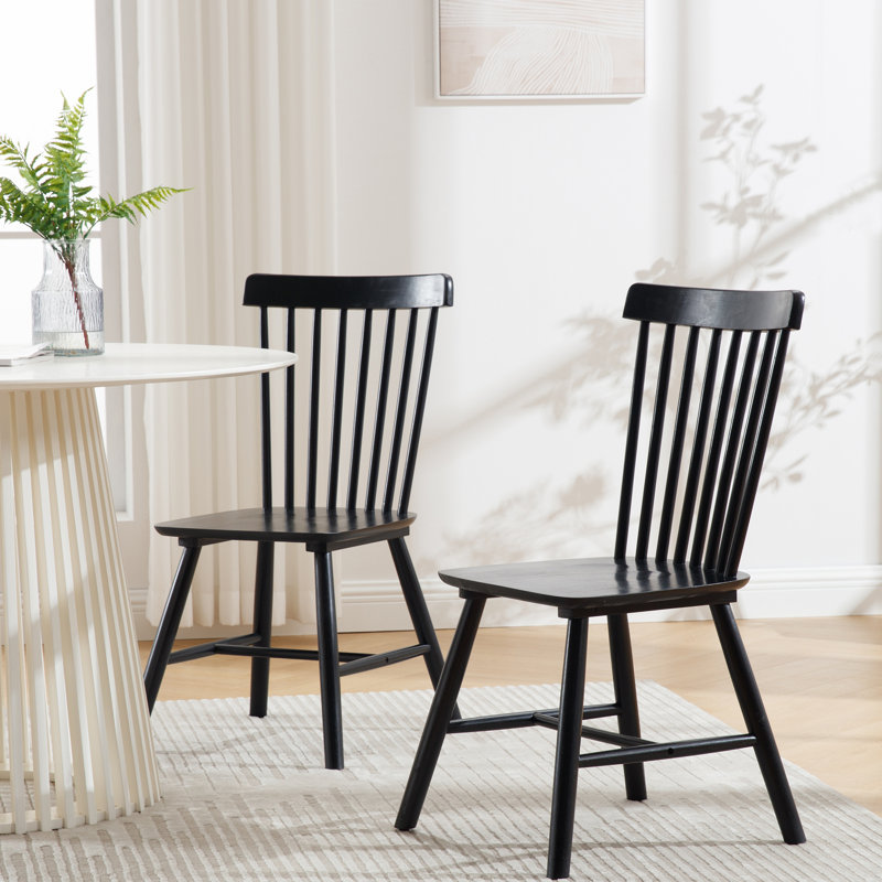 Mid Century Windsor Back Solid Wood Dining Chair, Farmhouse Slat Back Side Chair For Kitchen/Dining Room, Black