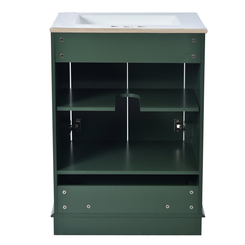 Meuble-lavabo 24 po avec lavabo en céramique, armoire de rangement autoportante moderne avec poignées argentées, portes à fermeture douce