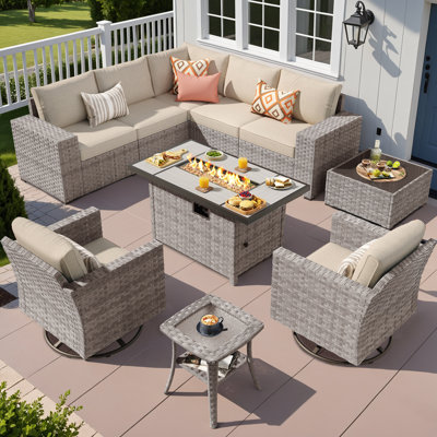 7 - Person Patio Furniture Set with Swivel Rocker, Outdoor Wicker Rattan Sectional Seating Group with Cushions, All Weather Sofa Conversation Set with Fire Pit Table for Garden Backyard
