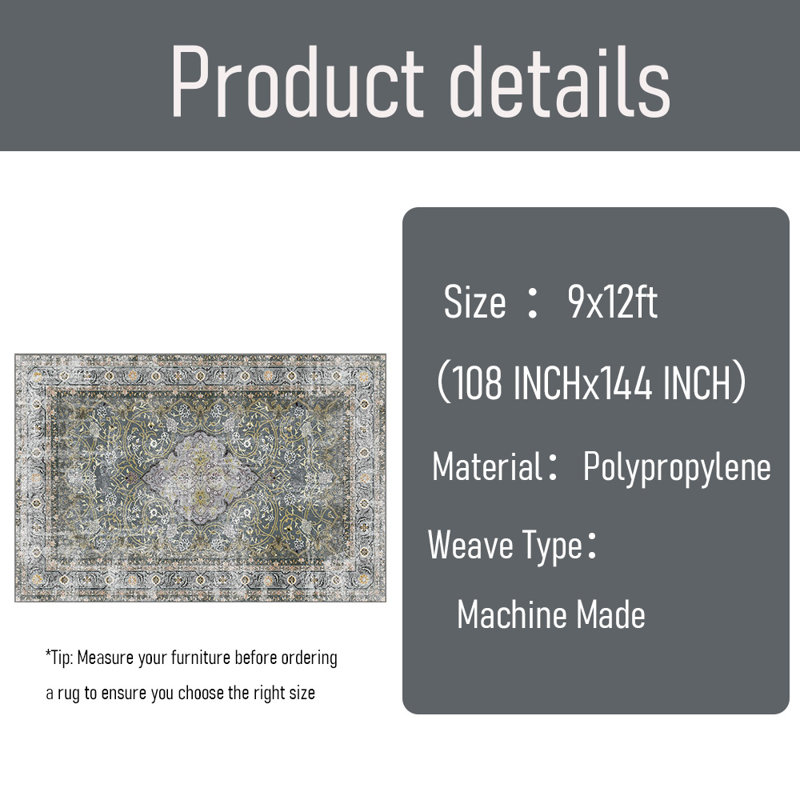 Tapis à poils courts, lavable à la machine, pliable, Rectangle 9 pi x 12 pi