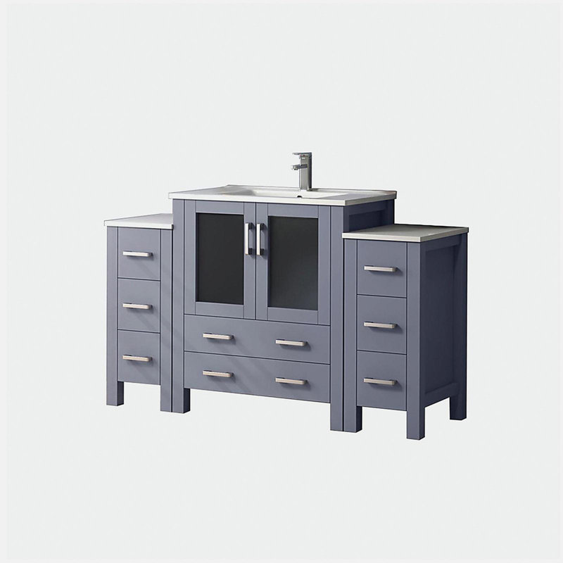 Lavabo pour salle de bain simple avec armoire latérale, comptoir en céramique blanche et ensemble de robinet