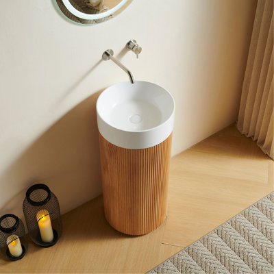 Meuble-lavabo cylindrique autoportant JINBO 40,6 cm (16 po), lavabo rond en surface solide sans trou pour robinet, sans couvercle, sans robinetterie ni bonde, couleur grain de bois naturel