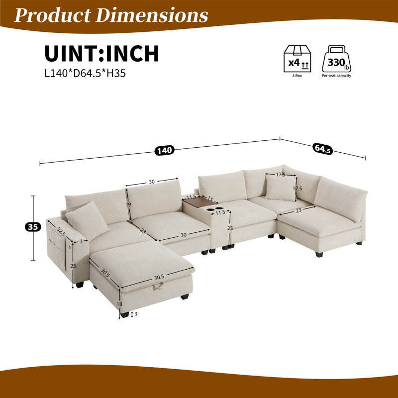 Canapé modulaire avec repose-pieds de rangement, ports de chargement USB, porte-gobelets de console, coussins en mousse