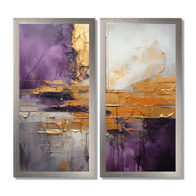Or abstrait mauve fractal - fractales, art mural, ensemble de 2 reproductions sur toile abstraites dorées