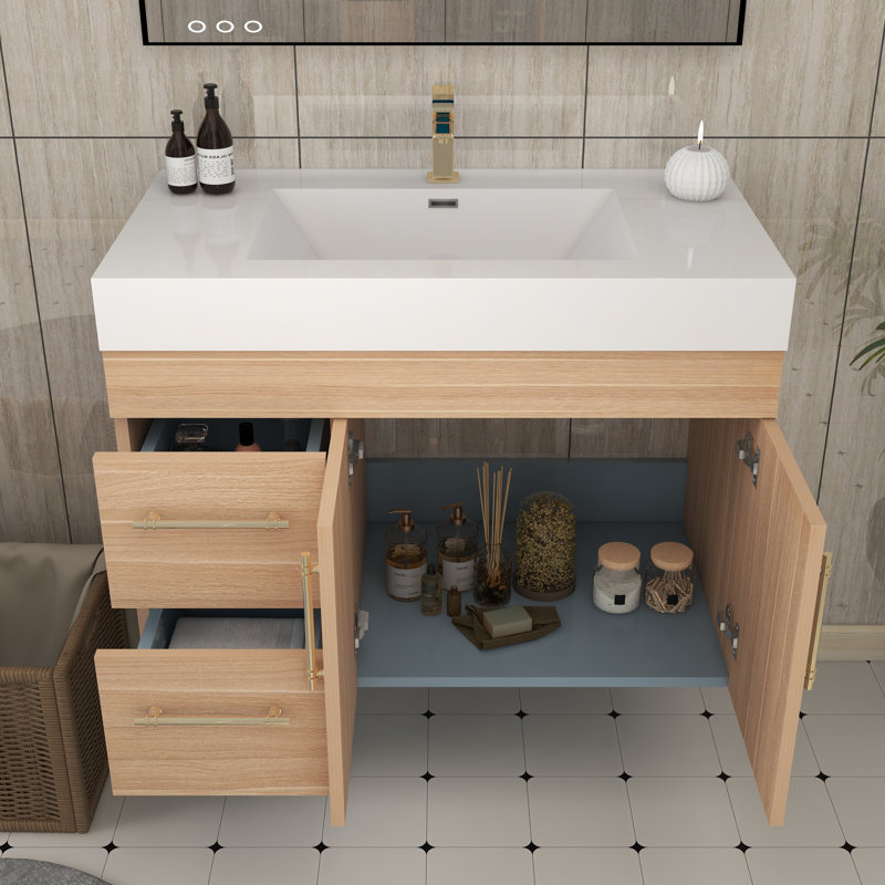 Ensemble de meuble-lavabo simple mural 35,4 ", Chêne champagne