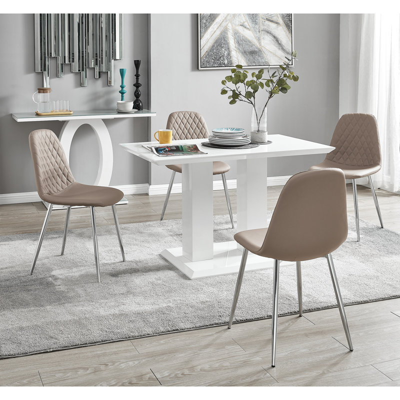 Eubanks High Gloss Double Pillar Dining Table Set with 4 Luxury Faux Leather Dining Chairs, Cappuccino, White
