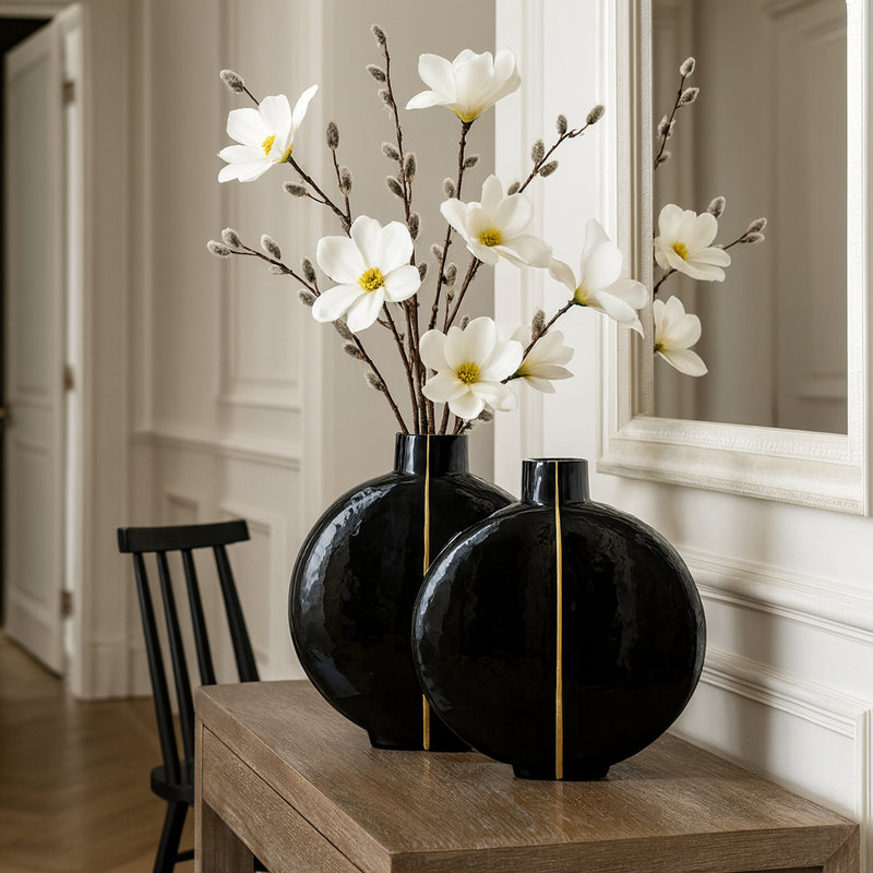 Santara Pair of Handmade Glass Table Vases for Flowers, Black, 12.00" H x 13.00" W x 2.00" D
