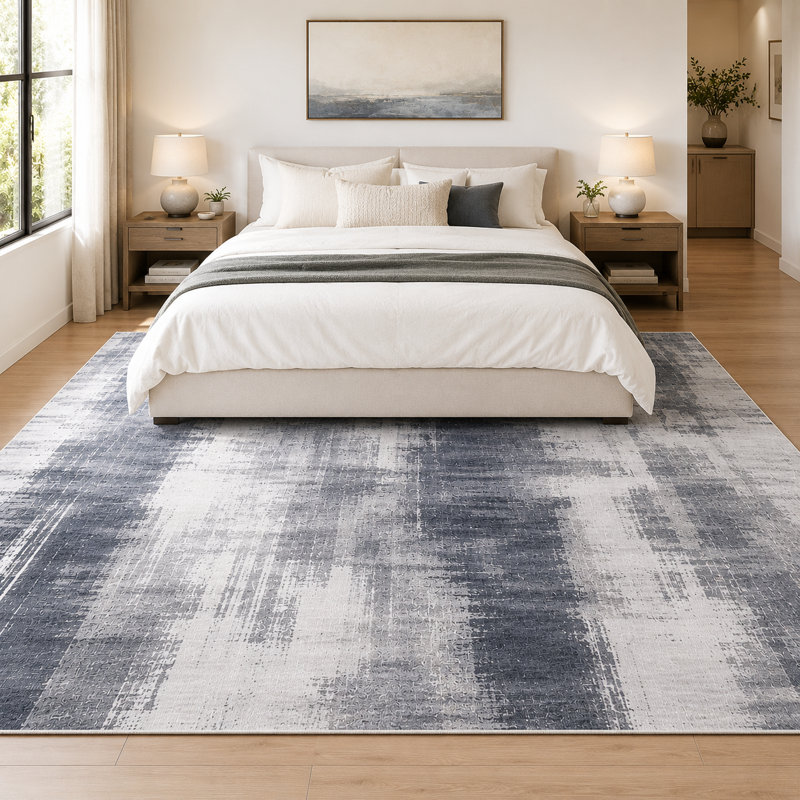 Tapis abstrait à poils courts antidérapant à motif abstrait, Gris anthracite / ivoire, Rectangle 5 pi x 7 pi