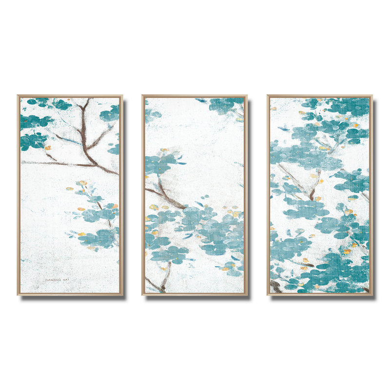 Teal Cherry Blossoms II - ensemble d'art mural sur toile encadré traditionnel de 3