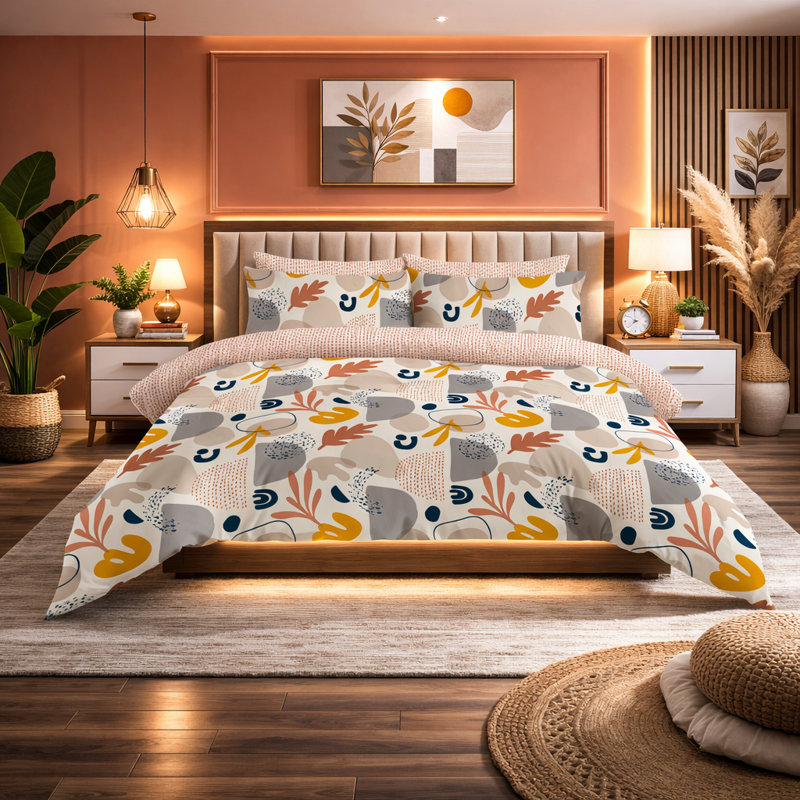 Darrington Modern Botanical Leaf Duvet Cover Set with Pillowcases Quilt Cover Soft and Breathable, Double, Yellow/Grey/Brown