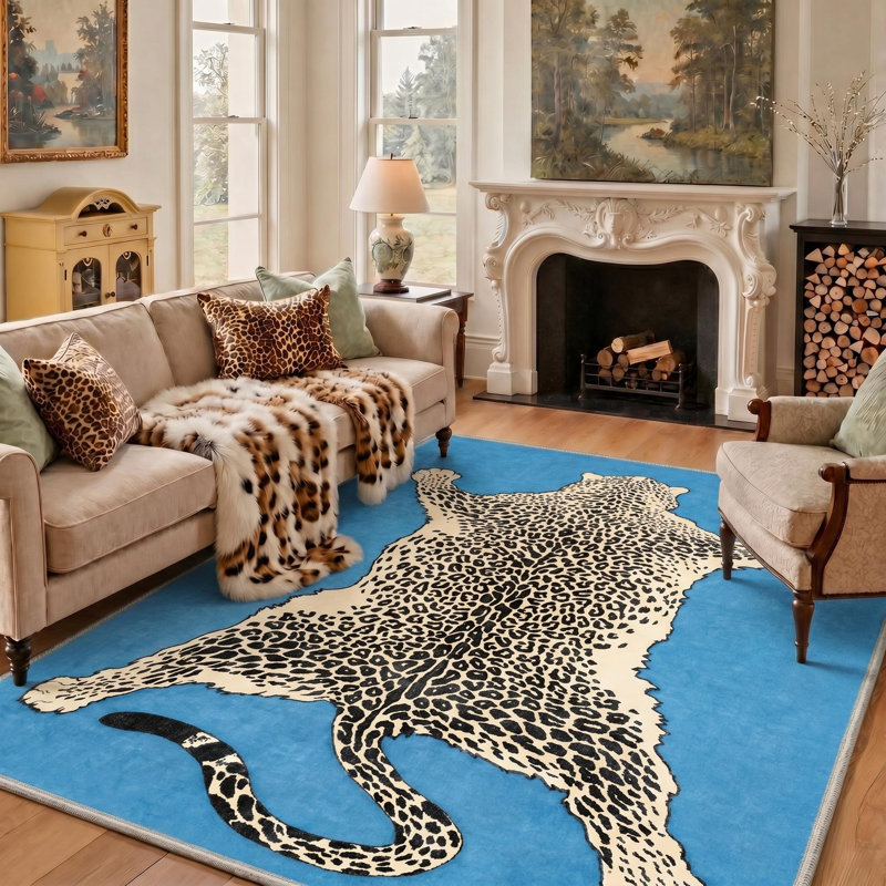  Alinda Talon Animal Print Blue / Beige / Black Machine Washable Area Rug, Rectangle 9' x 12', Blue / Beige / Black