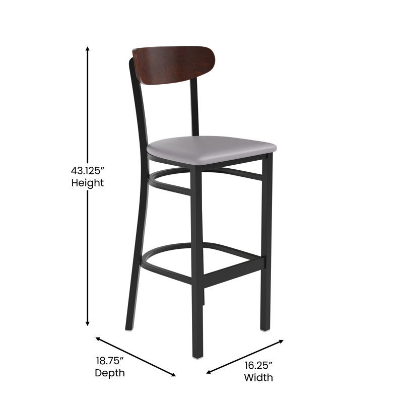 Commercial Metal Barstool with Wood Seat and Boomerang Back, Walnut, Gray