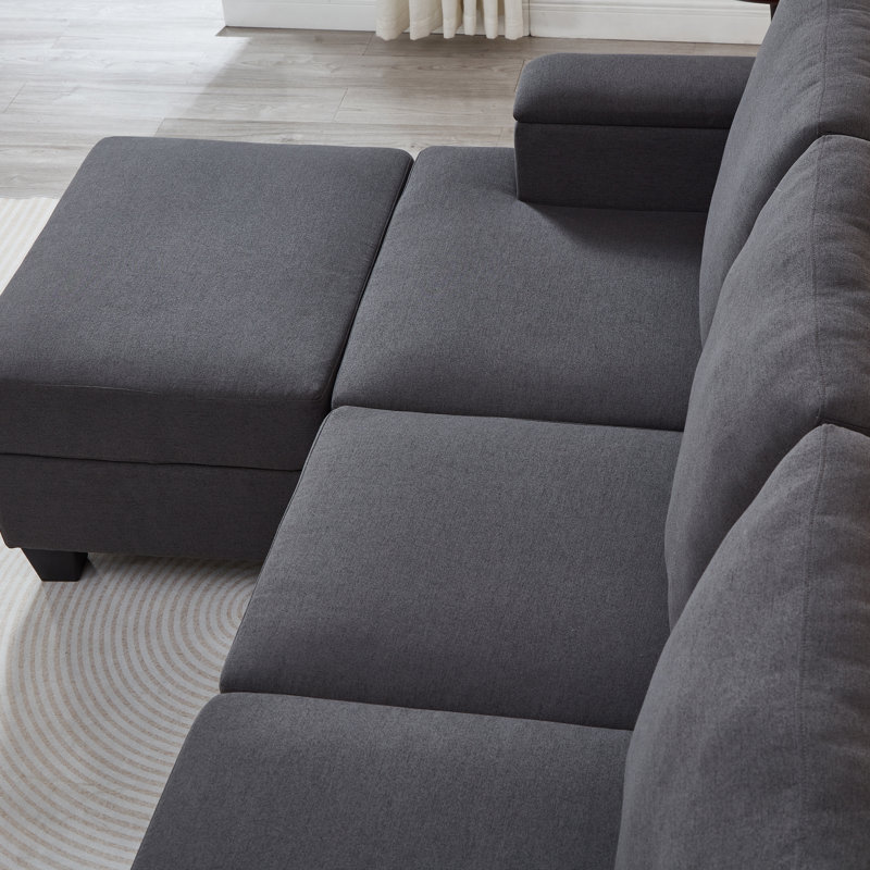 Canapé modulaire en L 86 po avec organisateur d'accoudoirs et repose-pieds mobile - canapé moelleux en lin 3 places pour le salon, gris foncé