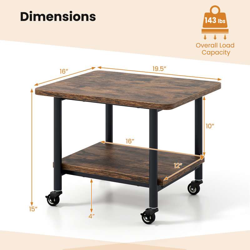Brown 2-Tier Rolling Under Desk Printer Stand with Storage Shelves