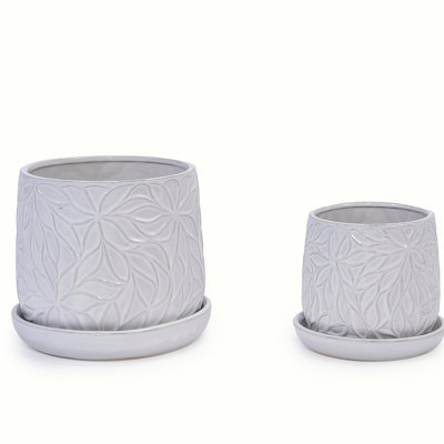 Handmade White Glossy Ceramic Planter Set of 2, 6" & 8" Diameter, Leaf Pattern Design, for Succulents and Herbs Indoor/Outdoor Shelf & Table Use, Breathable Clay with Saucers