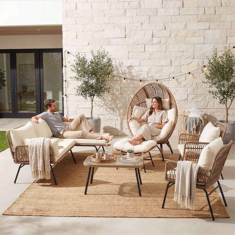 6 Person Outdoor Boho Patio Conversation Set with Egg Chair, Ottoman and Rectangular Glass-Top Table