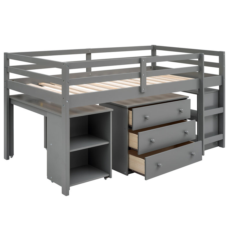 Lit mezzanine basse avec cabinet et bureau portatif à roulettes, Gris