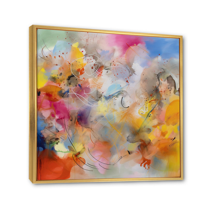 Tourbillons colorés bleus, jaunes et oranges I, Cadre flottant doré, H 30 po x l 40 po x P 1,5 po