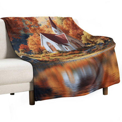 Autumnal Church Lake Reflection Luxury Flannel Throw Blanket, Soft Warm Fuzzy Blanket for Living Room Sofa Bed Home Decor