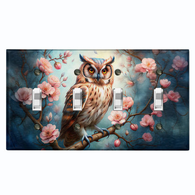 Metal Light Switch Plate Cover; US Standard Size 4 Gang Toggle - Owl with Cherry Blossoms