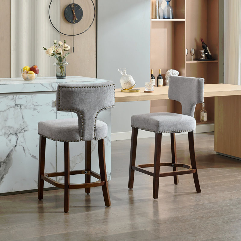 Mid Century Modern Counter Height Bar Stools Set Of 2, Farmhouse Linen Fabric Upholstered Accent Chair Curved Backrest With Copper Nails Around,Kitchen Chairs With Hardwood Frame