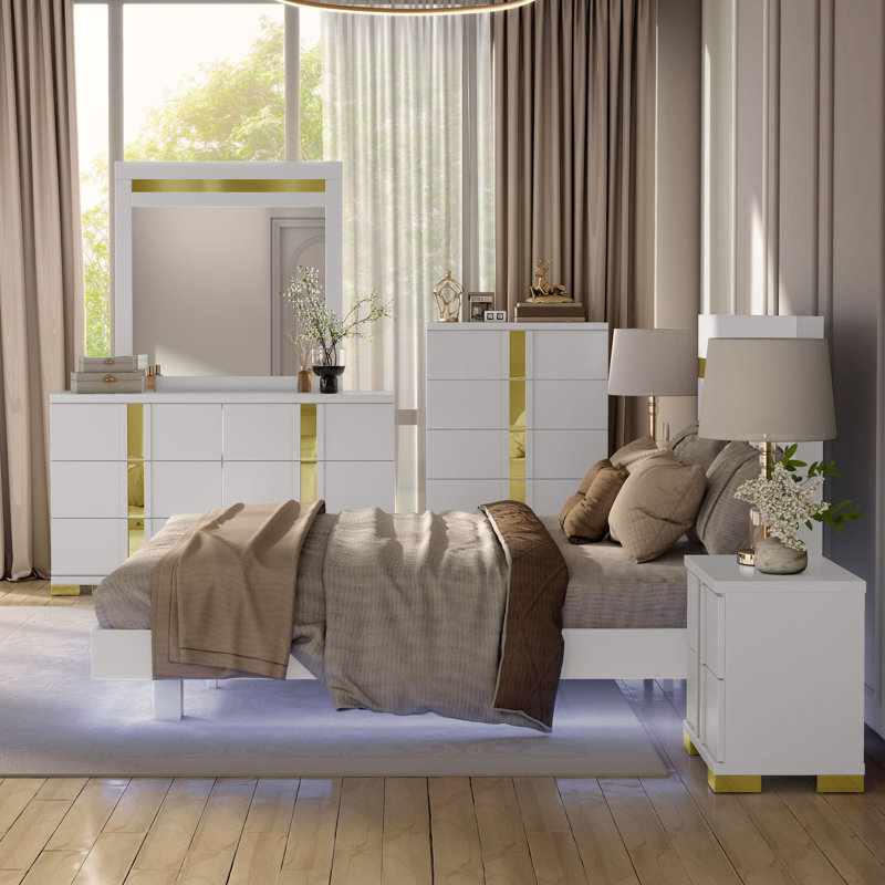 Ensemble de chambre avec lit plateforme 6 pièces Clemson, Blanc, 6 pièces: lit, 2 tables de chevet, commode, miroi, Simple