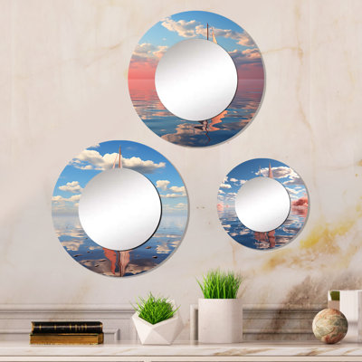 Pink Sailboat White Cloud Sunset Reflection Metal Round Mirror