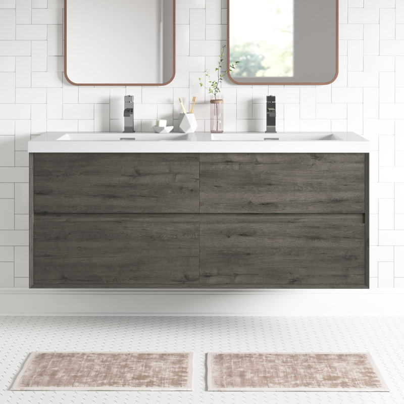 Seavy 58.6 " W Wall Mounted Wall Mounted Single Double Vanity Bathroom Vanity With Acrylic Top, Gray