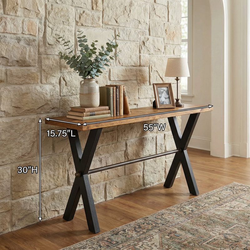 Austin Console Table, Solid Reclaimed Wood with Black Wood Legs, Honey Pine