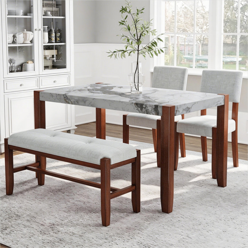Ensemble de salle à manger 4 pièces en faux marbre avec banc, revêtement beige, pieds en bois d'hévéa massif, design moderne peu encombrant pour la salle à manger