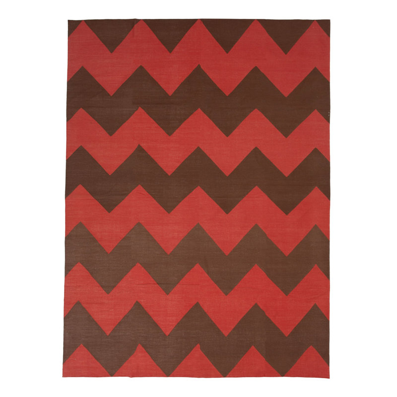 Red & Brown Chevron Dhurrie Cotton Rug - 10' x 14'6"", Rectangle 10' x 14'6"