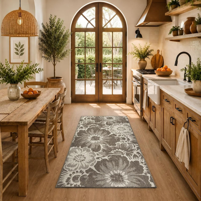 Tapis d'entrée lavable et antidérapant à motif floral, Brun, L 36 po x L 60 po
