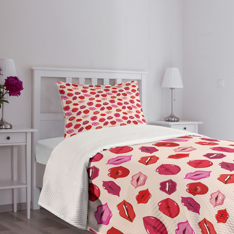 Ambesonne Ambesonne Kiss Bedspread Set Vivid Colored Lips Glamour Pale Rose and Multicolor