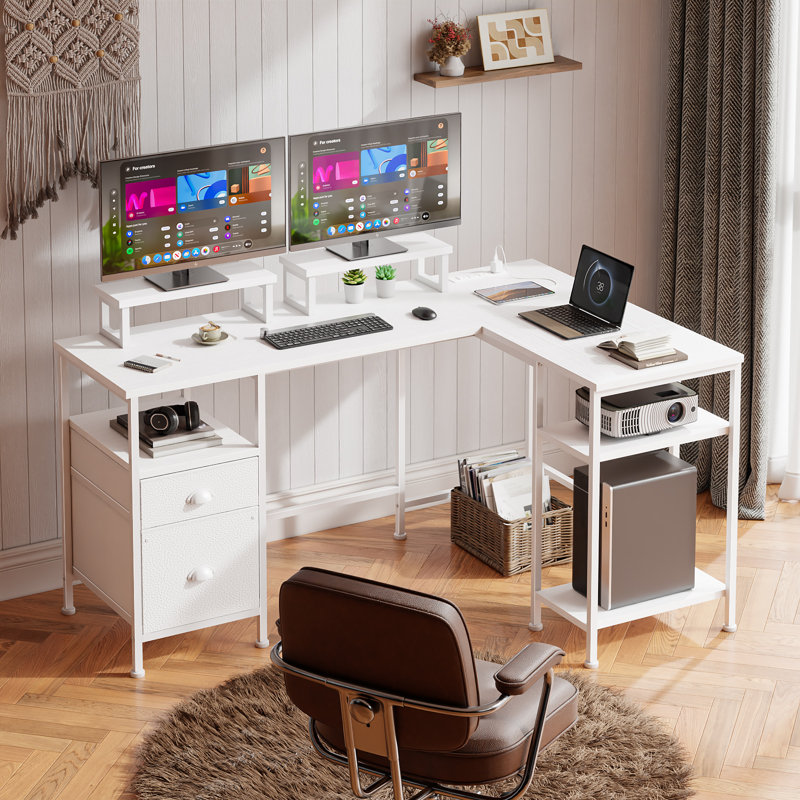 66 in. L-Shaped Computer Desk with 2 Monitor Stand, Power Outlet, Cabinet Gaming Desk Metal Base with Drawers Writing desk for Home Office