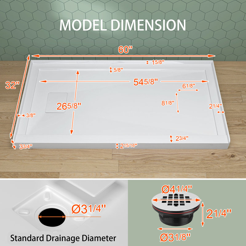 60 po x 32 po Base de douche en acrylique à simple seuil avec drain carré caché latéral en blanc