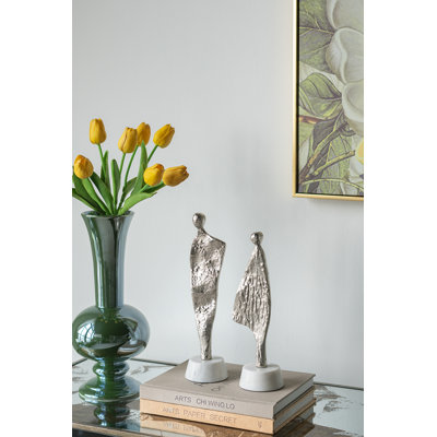 11" Abstract Aluminum Female Figurine on White Marble Stand, Silver/White Modern Decor (3.5"x3")