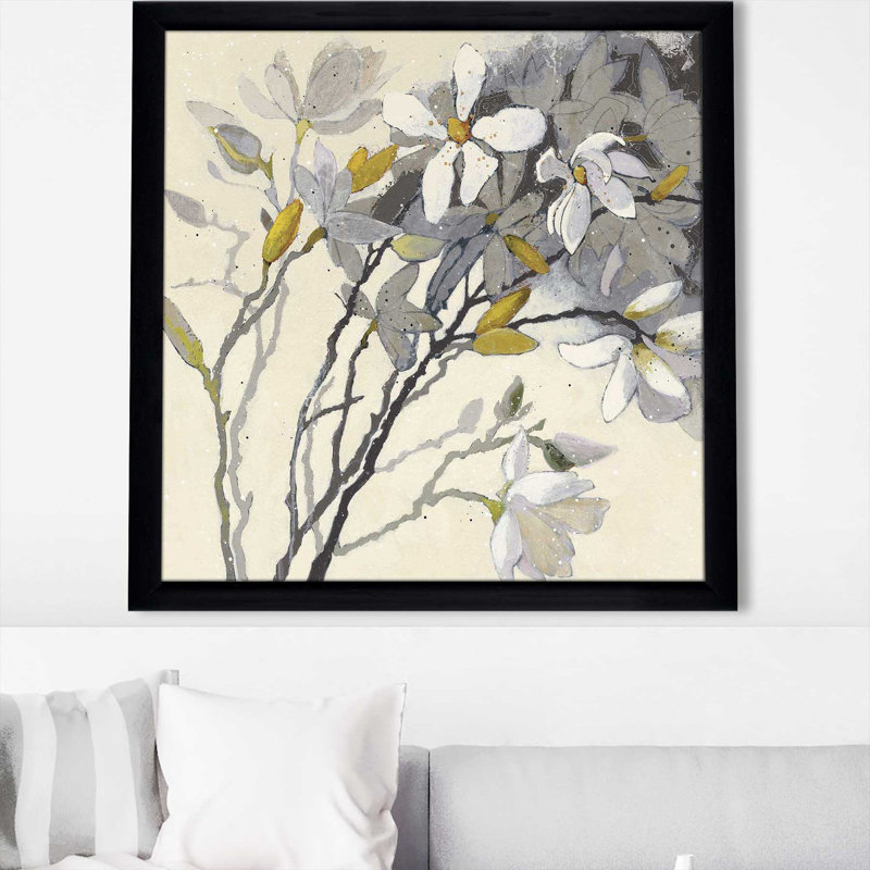 Magnolias jaune gris - peinture, Cadre noir, H 25,5 po x l 25,5 po x P 1 po