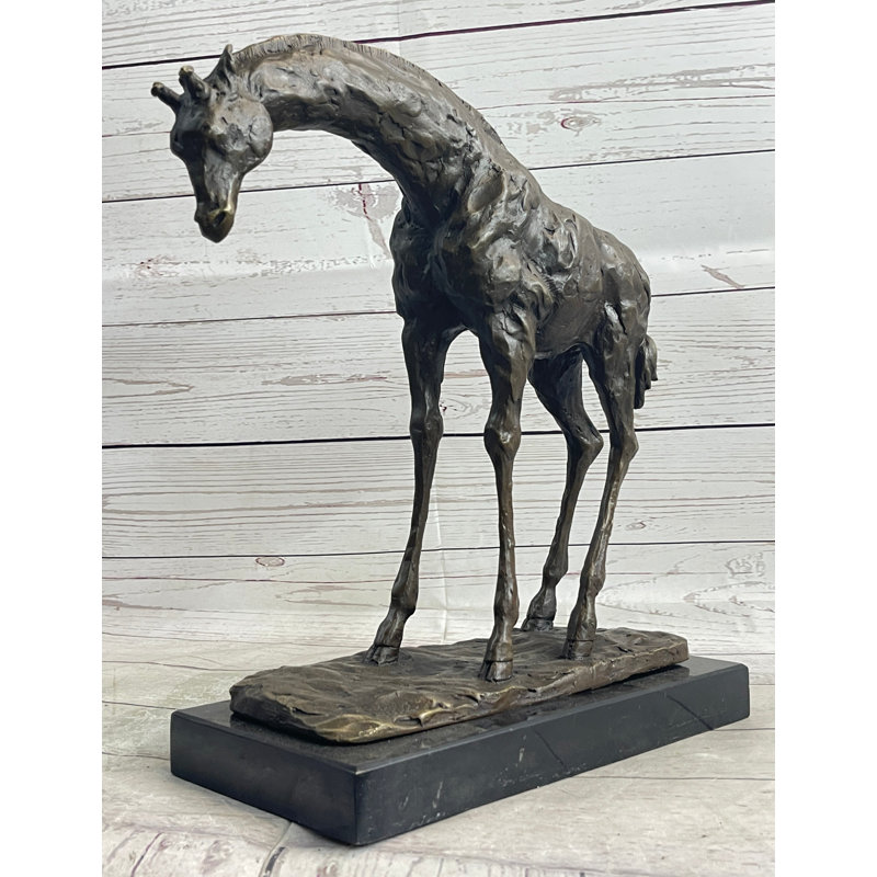 African Graceful Giraffe Bronze Sculpture Figure Signed Classic Artwork by Milo