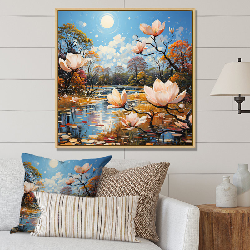 Motif de pointillisme blanc Pcoral Magnolias - blanc, Cadre naturel flottant, H 16 po x l 16 po x P 1 po