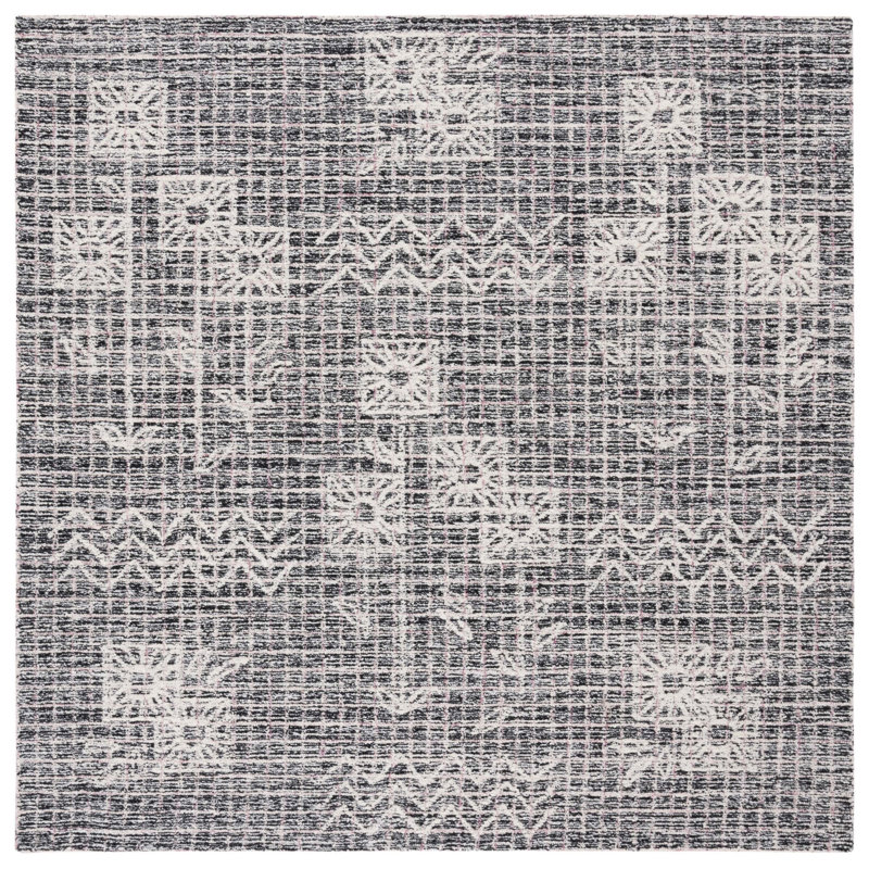 Hadwig Hand Tufted Wool/Cotton Floral Rug in Black/Ivory, Square 6'