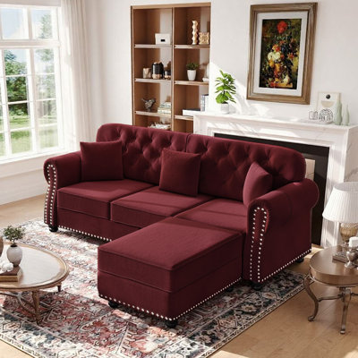 82.6"modern Velvet Chesterfield Sofa With Ottoman&pillows
