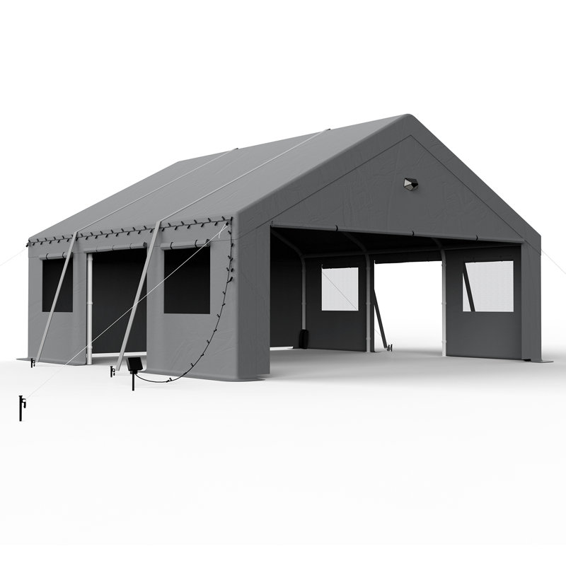 20 Ft. W x 20 Ft. D Galvanized Steel Frame Outdoor Heavy Duty Garage With Breathable Windows And Side Door - Gray