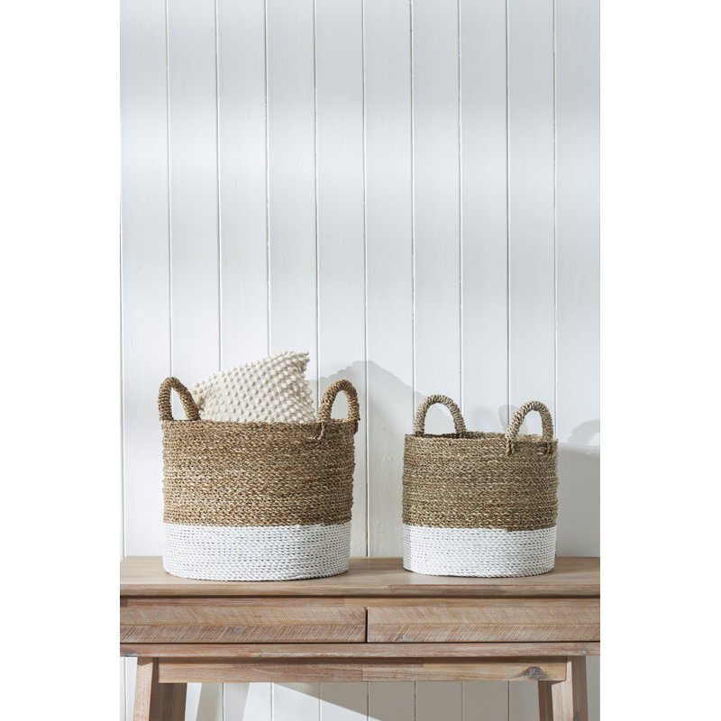 Hand Woven Wicker Laundry Hamper with Handles, Brown/White