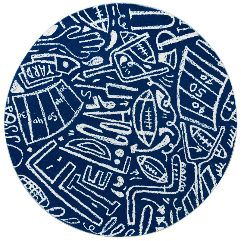 Sportsglyphs Football Blue Power Loom Polyester Area Rug, Round 6'
