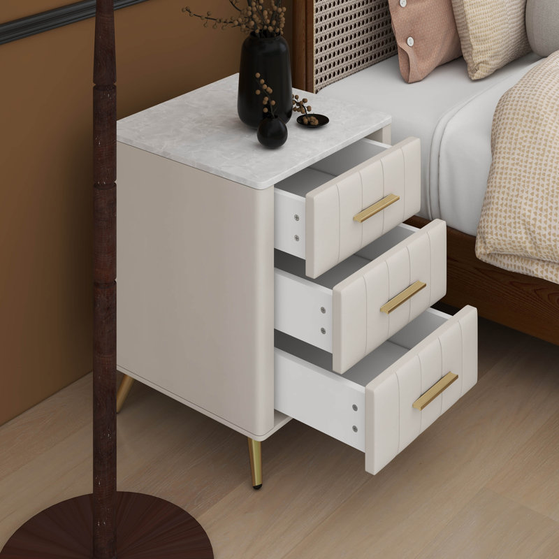 Table de chevet 3 tiroirs rembourrée moderne en velours, Beige
