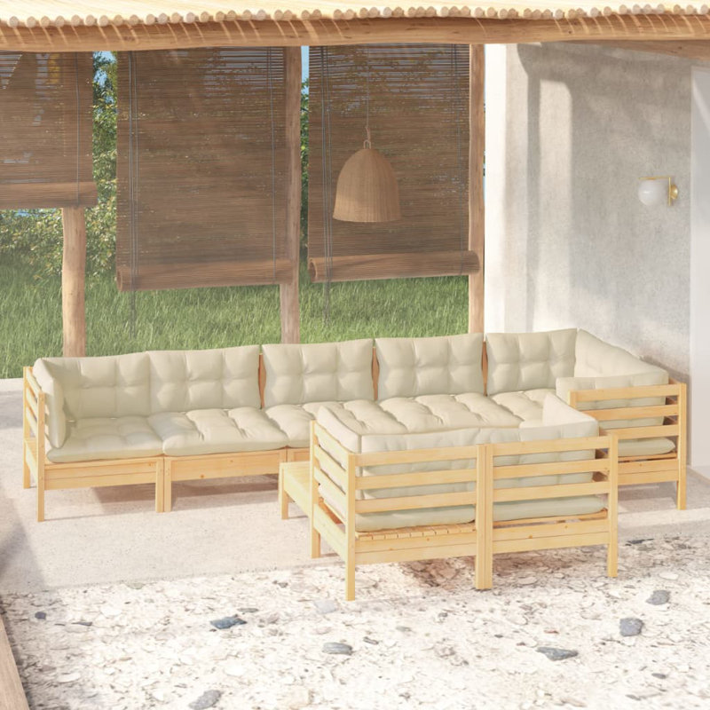 Ensemble de conversation modulaire en bois de pin massif avec coussins 9 pièces Boulat, Crème, crème