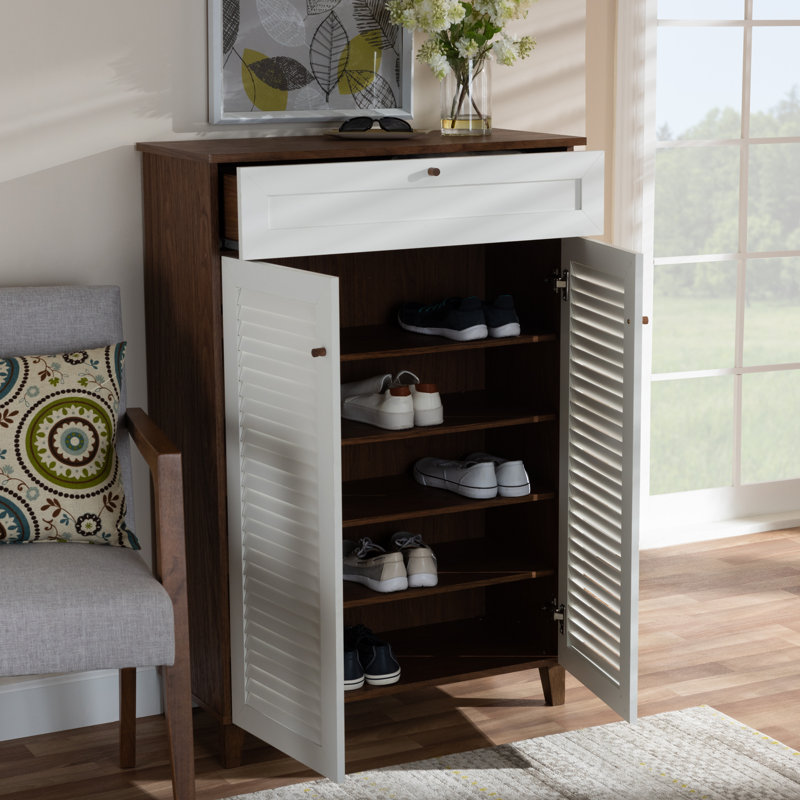 Coolidge 1-Drawer Shoe Storage Cabinet in White and Walnut Finish, 46.7'' H X 30.63'' W X 14.49'' D