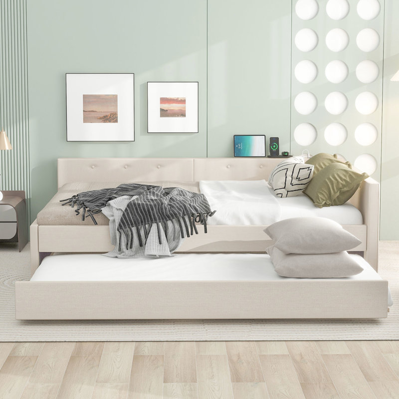 Grand lit tapissier avec gigogne simple, structure en lin beige, Grand lit